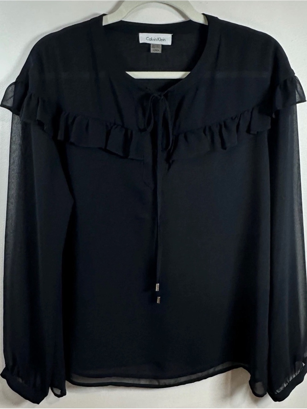 Calvin Klein Black Ruffle Sheer Blouse Size Medium